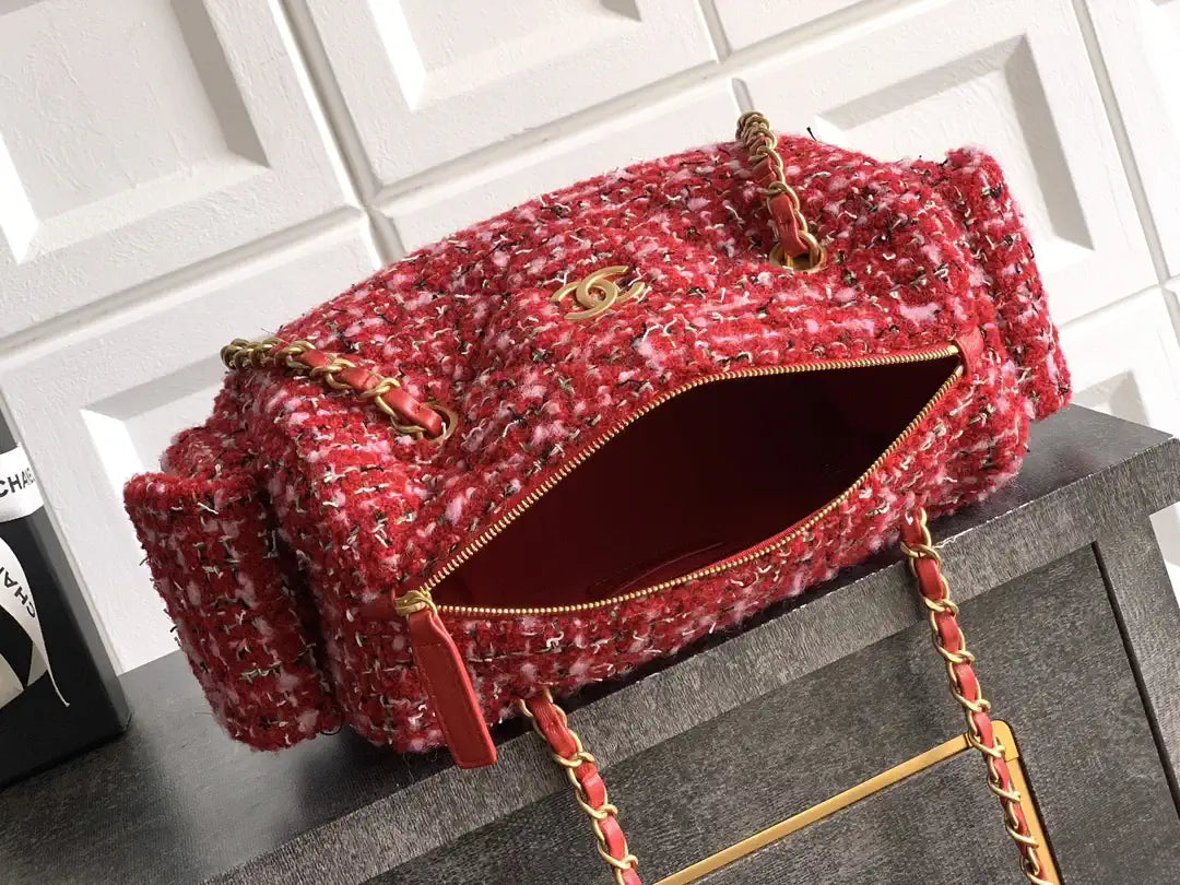 Chanel AS5792 25C Small Bowling Bag Tweed & Gold Metal  Red Pink & Black