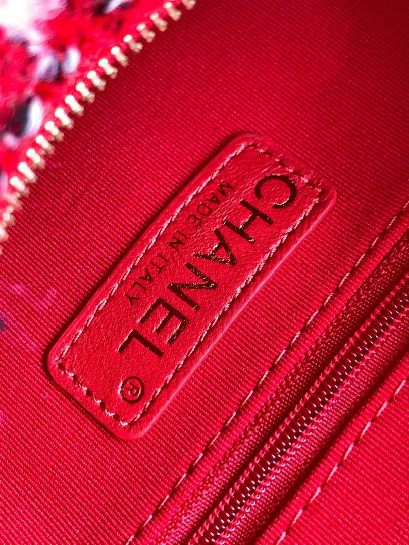 Chanel AS5792 25C Small Bowling Bag Tweed & Gold Metal  Red Pink & Black