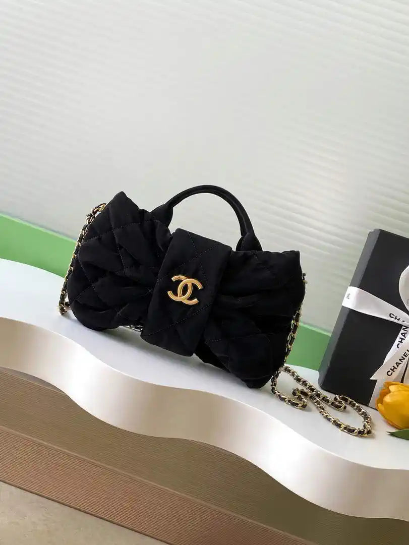 Chanel AS5849 Mini Bow Bag Velvet-Effect Nylon & Gold-Tone Metal  Black