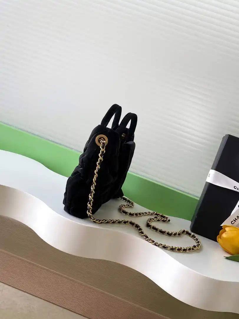 Chanel AS5849 Mini Bow Bag Velvet-Effect Nylon & Gold-Tone Metal  Black