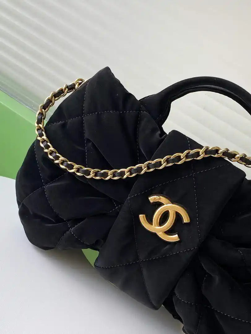Chanel AS5849 Mini Bow Bag Velvet-Effect Nylon & Gold-Tone Metal  Black