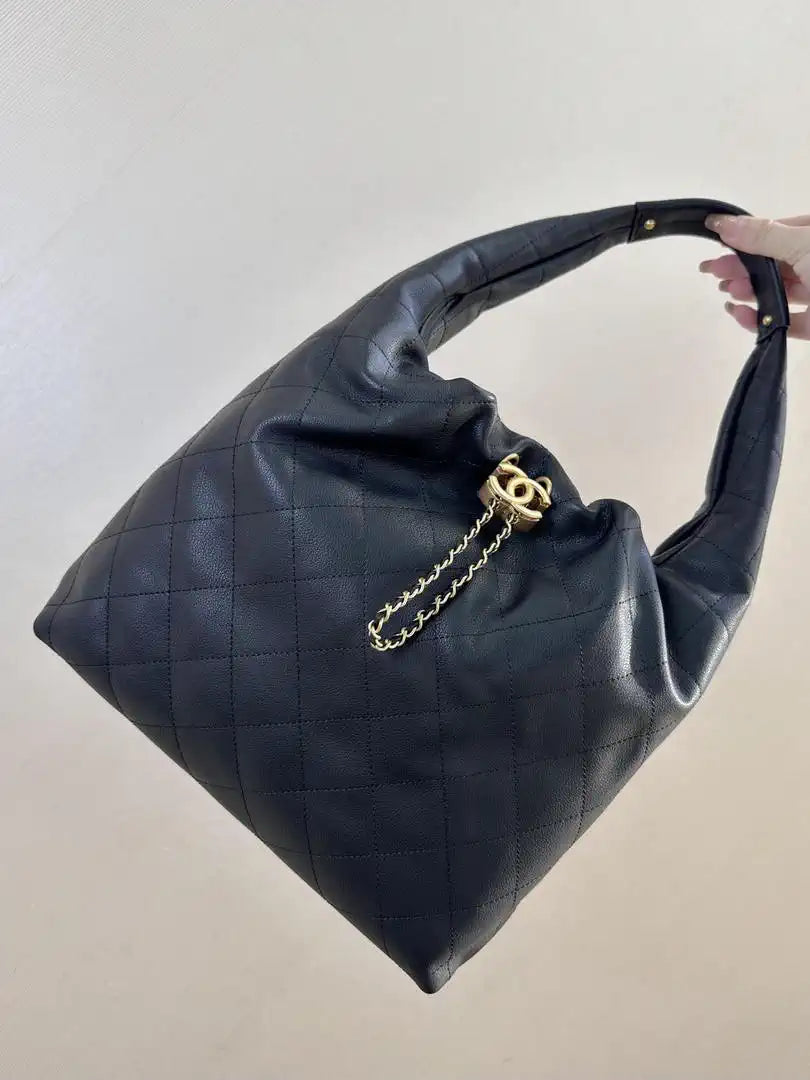 Chanel AS5967 26C Large Hobo Handbag Calfskin & Gold-Tone Metal Black