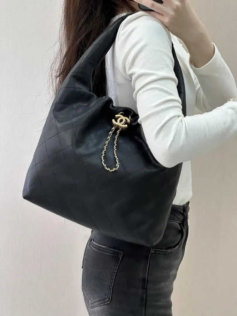 Chanel AS5967 26C Large Hobo Handbag Calfskin & Gold-Tone Metal Black
