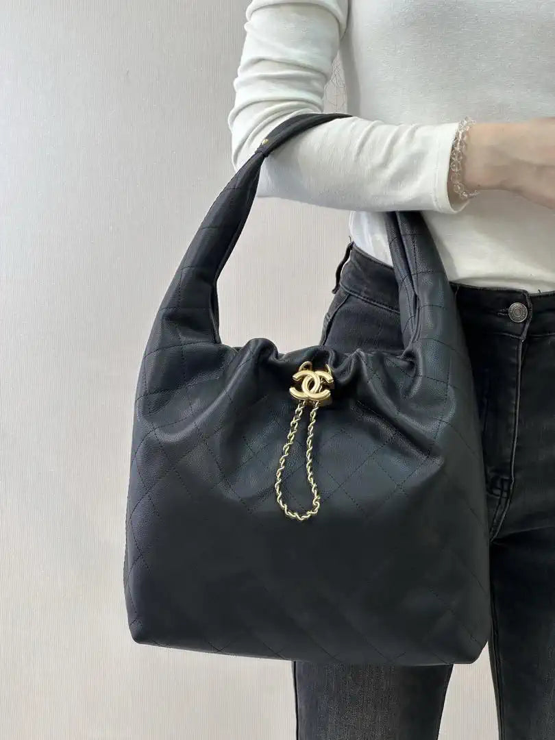 Chanel AS5967 26C Large Hobo Handbag Calfskin & Gold-Tone Metal Black