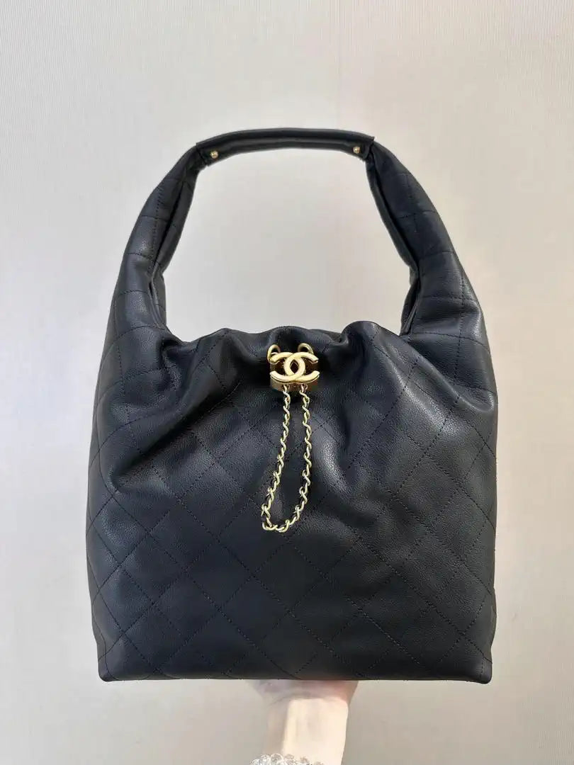 Chanel AS5967 26C Large Hobo Handbag Calfskin & Gold-Tone Metal Black