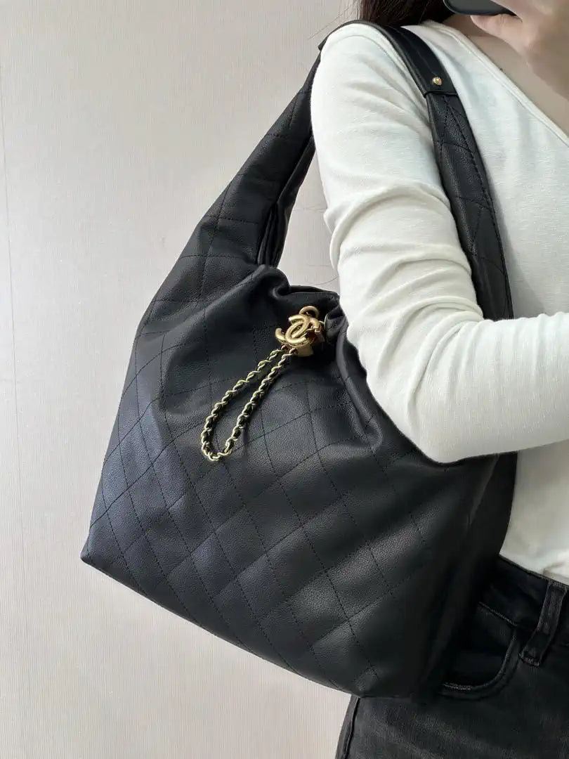 Chanel AS5967 26C Large Hobo Handbag Calfskin & Gold-Tone Metal Black