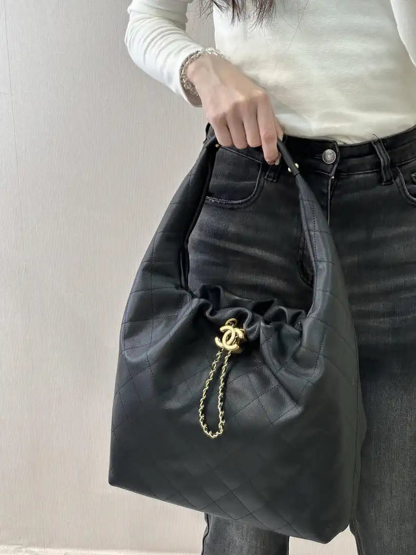 Chanel AS5967 26C Large Hobo Handbag Calfskin & Gold-Tone Metal Black