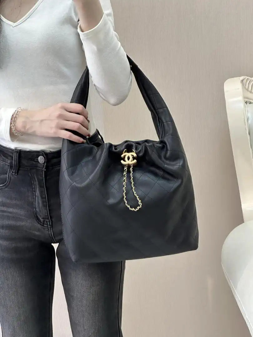 Chanel AS5967 26C Large Hobo Handbag Calfskin & Gold-Tone Metal Black