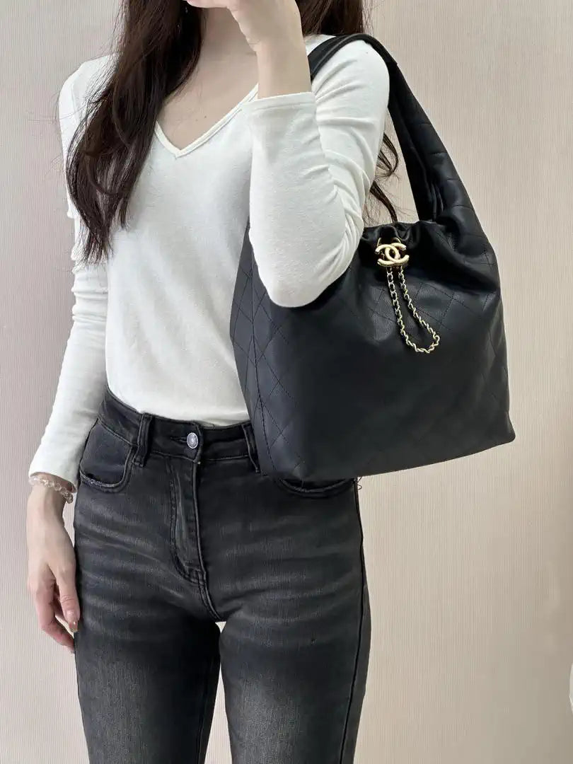 Chanel AS5967 26C Large Hobo Handbag Calfskin & Gold-Tone Metal Black