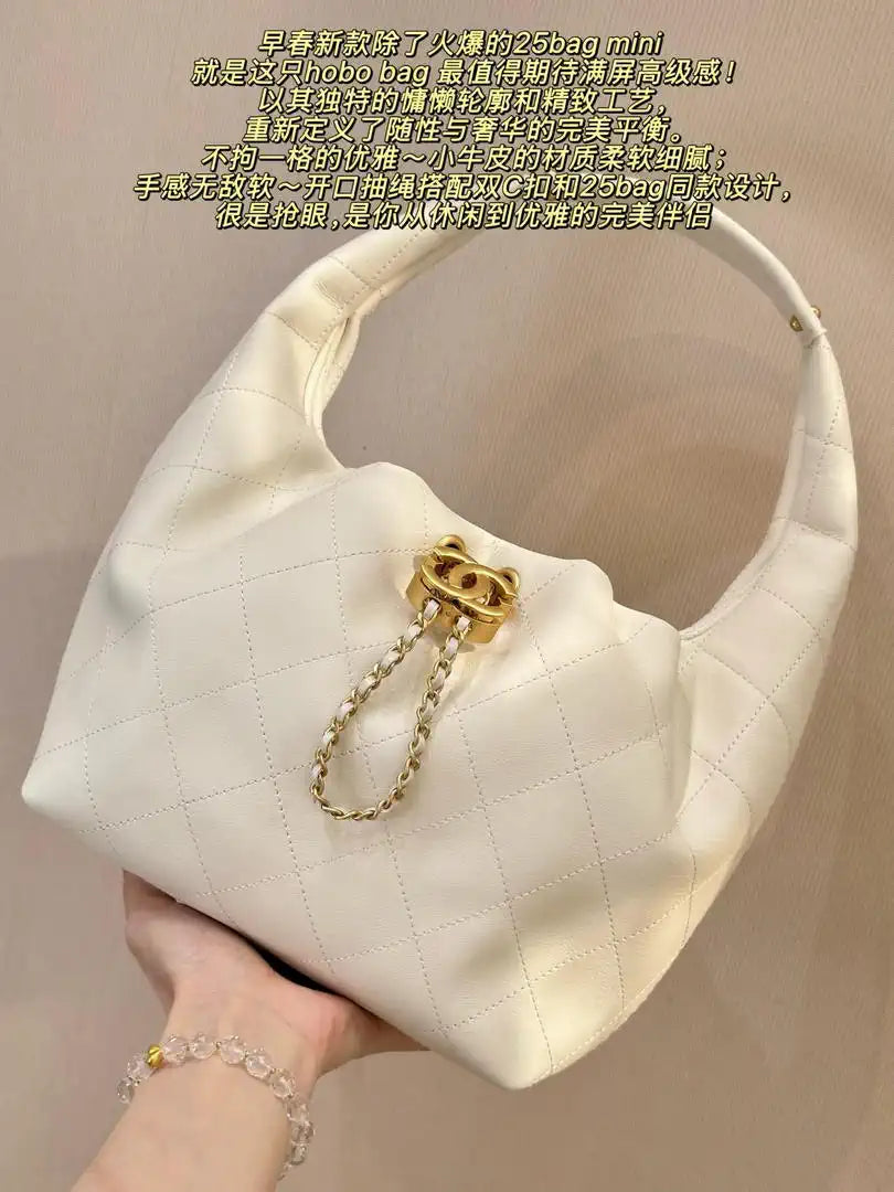 Chanel AS5967 26C Large Hobo Handbag Calfskin & Gold-Tone Metal Ligth beige