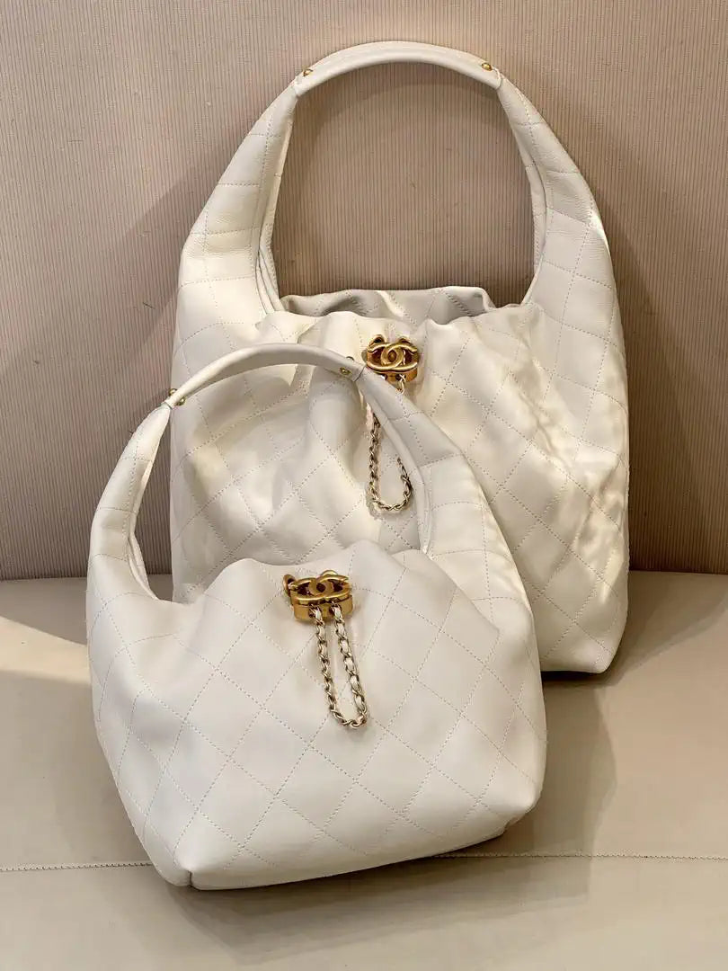 Chanel AS5967 26C Large Hobo Handbag Calfskin & Gold-Tone Metal Ligth beige
