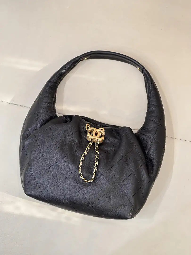 Chanel AS5976 Hobo Handbag Calfskin & Gold-Tone Metal Black