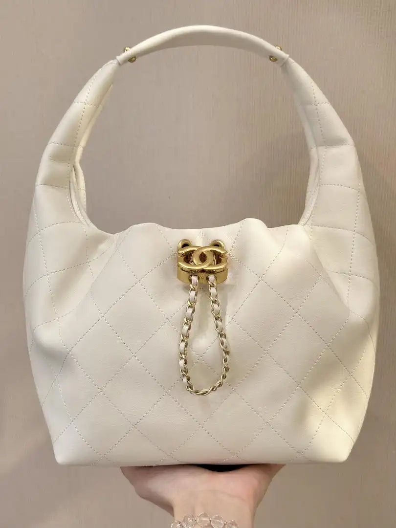 Chanel AS5976 Hobo Handbag Calfskin & Gold-Tone Metal Light Beige
