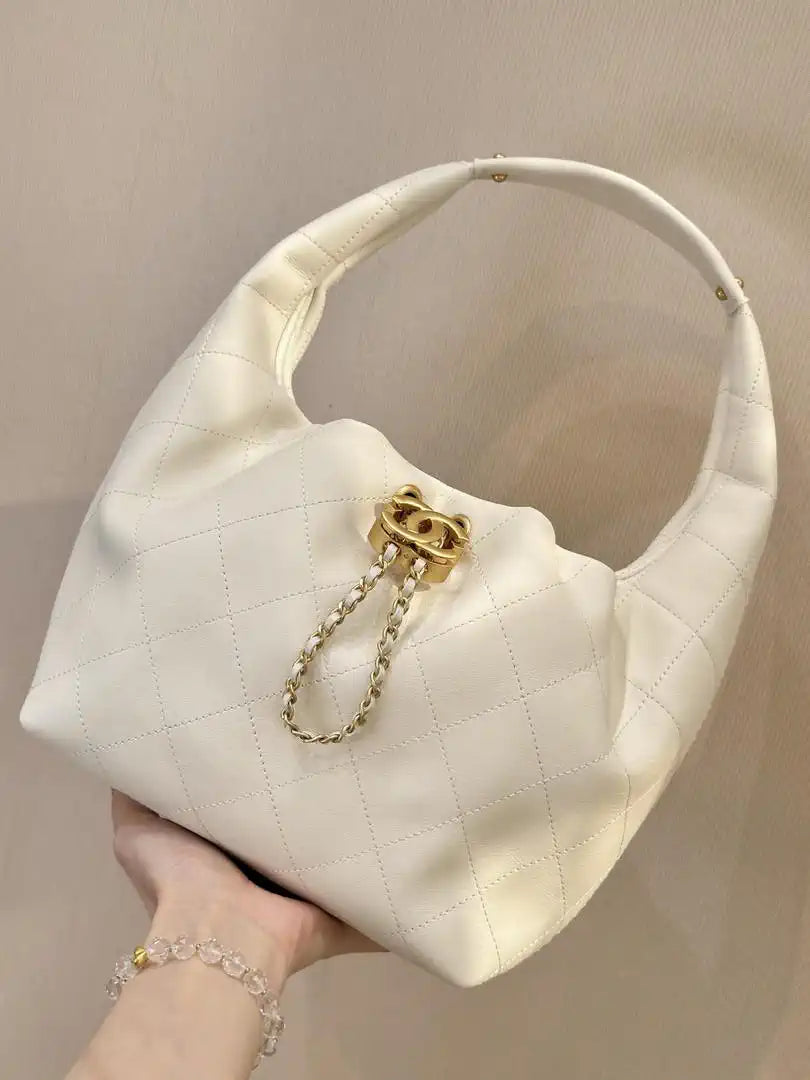Chanel AS5976 Hobo Handbag Calfskin & Gold-Tone Metal Light Beige