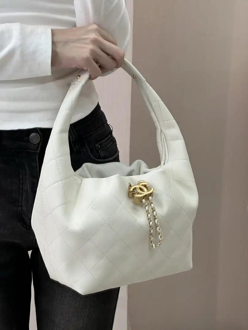 Chanel AS5976 Hobo Handbag Calfskin & Gold-Tone Metal Light Beige