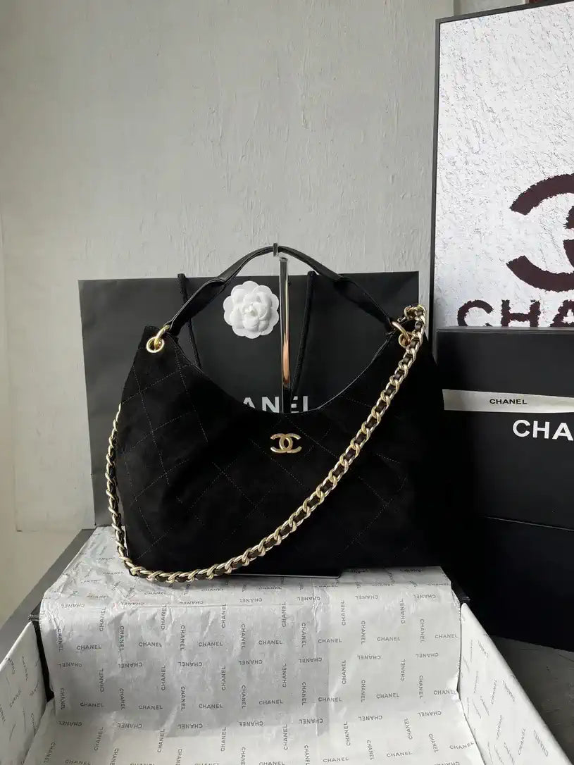 Chanel AS5978 Vintage Suede Hobo beach Tote Bag 26c Black