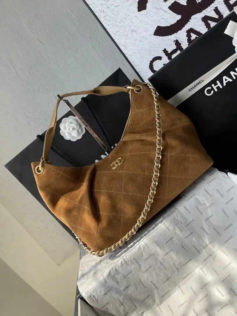 Chanel AS5978 Vintage Suede Hobo beach Tote Bag 26c Brown