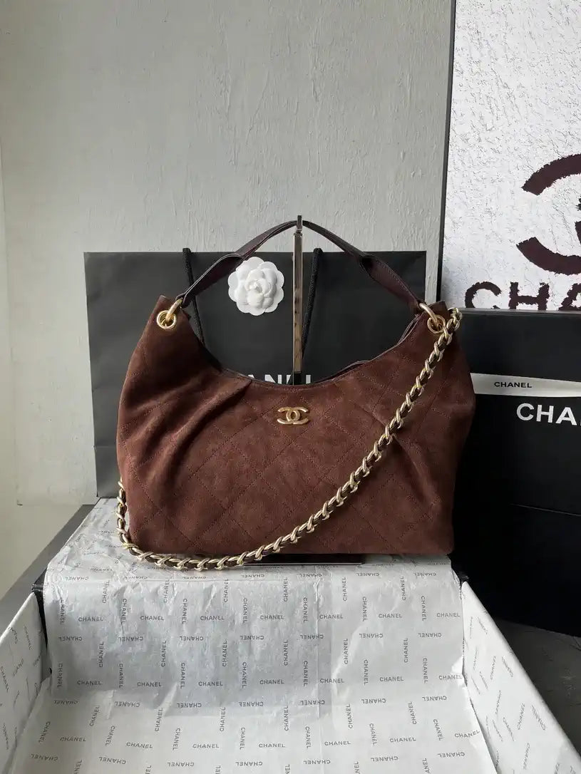 Chanel AS5978 Vintage Suede Hobo beach Tote Bag 26c Dark Brown