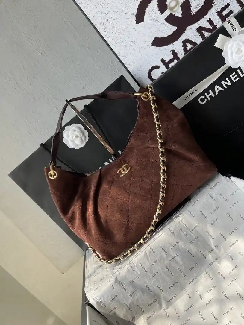 Chanel AS5978 Vintage Suede Hobo beach Tote Bag 26c Dark Brown