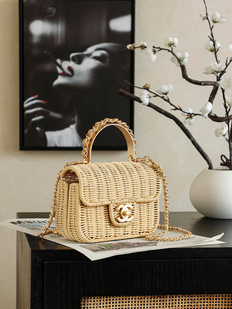 Chanel AS5984 Mini Flap Bag with Top Handle Braided Rattan & Gold-Tone Metal  Beige