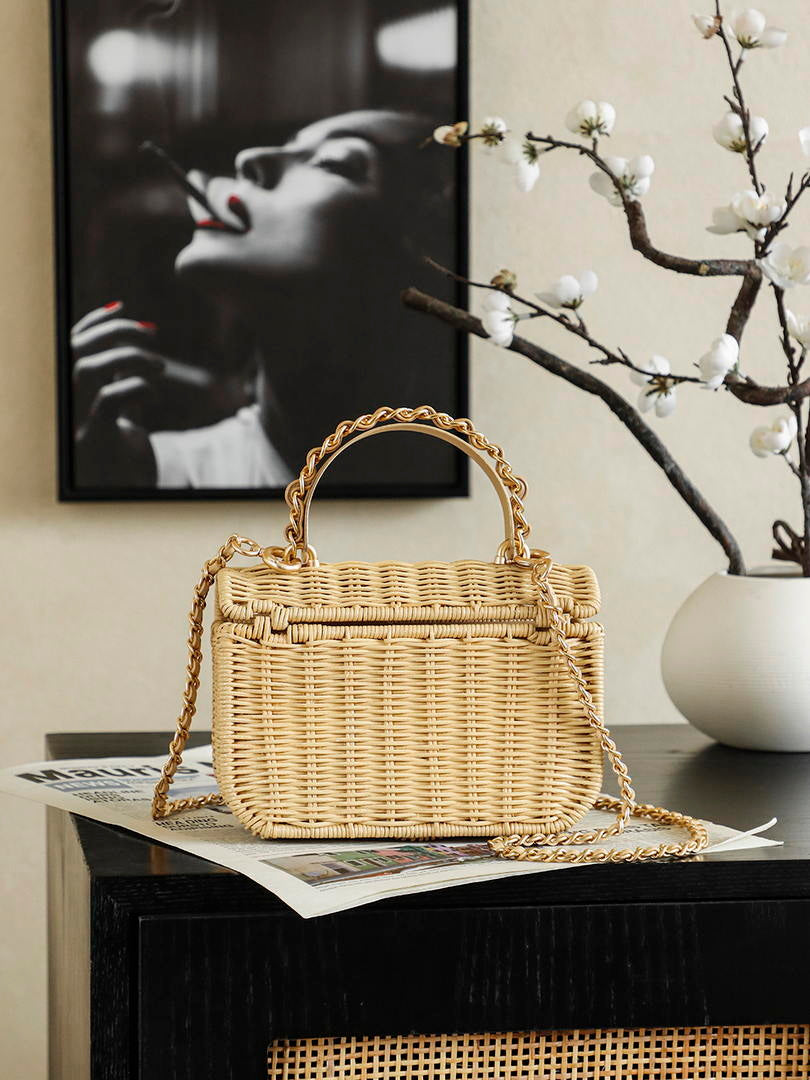 Chanel AS5984 Mini Flap Bag with Top Handle Braided Rattan & Gold-Tone Metal  Beige