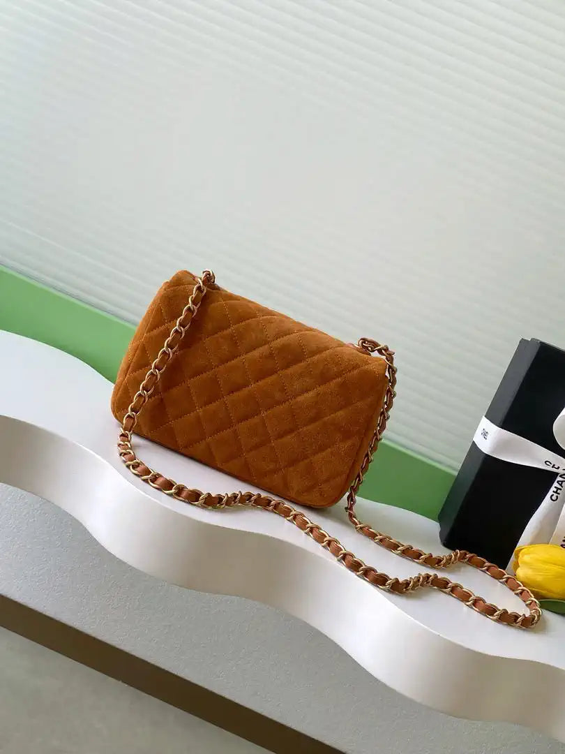 Chanel AS5987 Flap 26cm Suede Calfskin Lambskin & Gold-Tone Metal Dark Beige