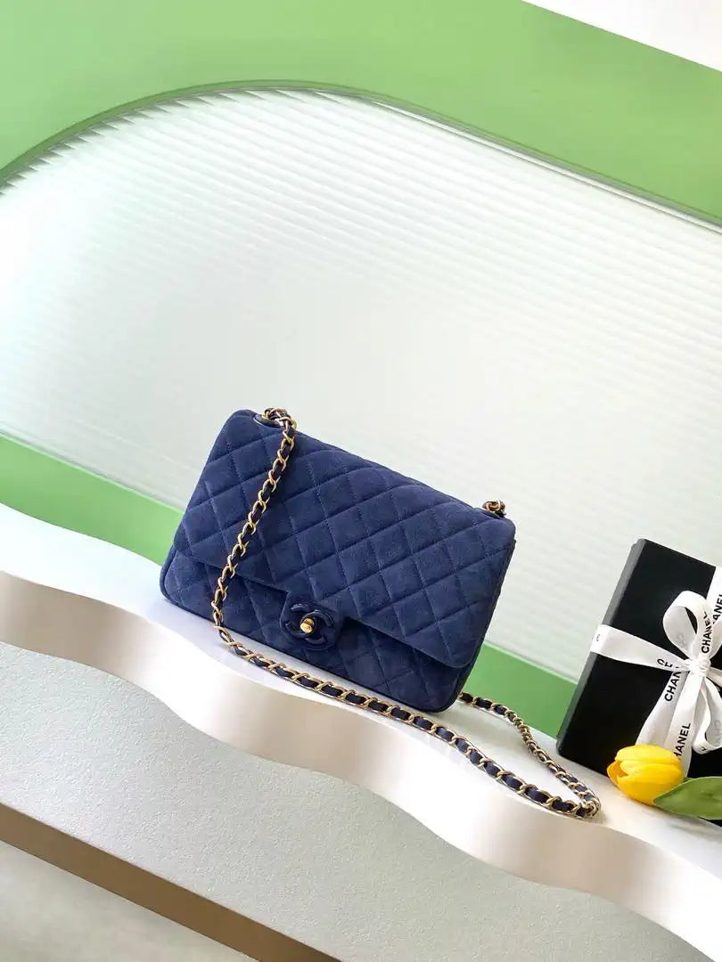 Chanel AS5987 Flap 26cm Suede Calfskin Lambskin & Gold-Tone Metal Navy Blue