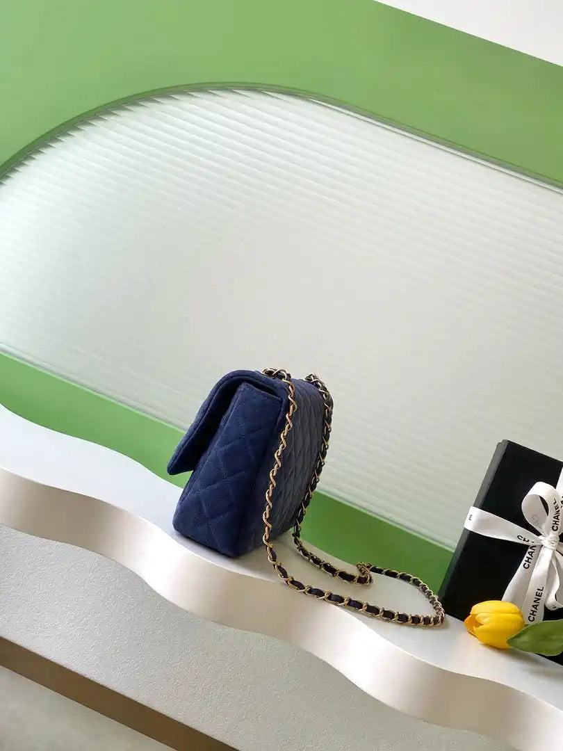 Chanel AS5987 Flap 26cm Suede Calfskin Lambskin & Gold-Tone Metal Navy Blue