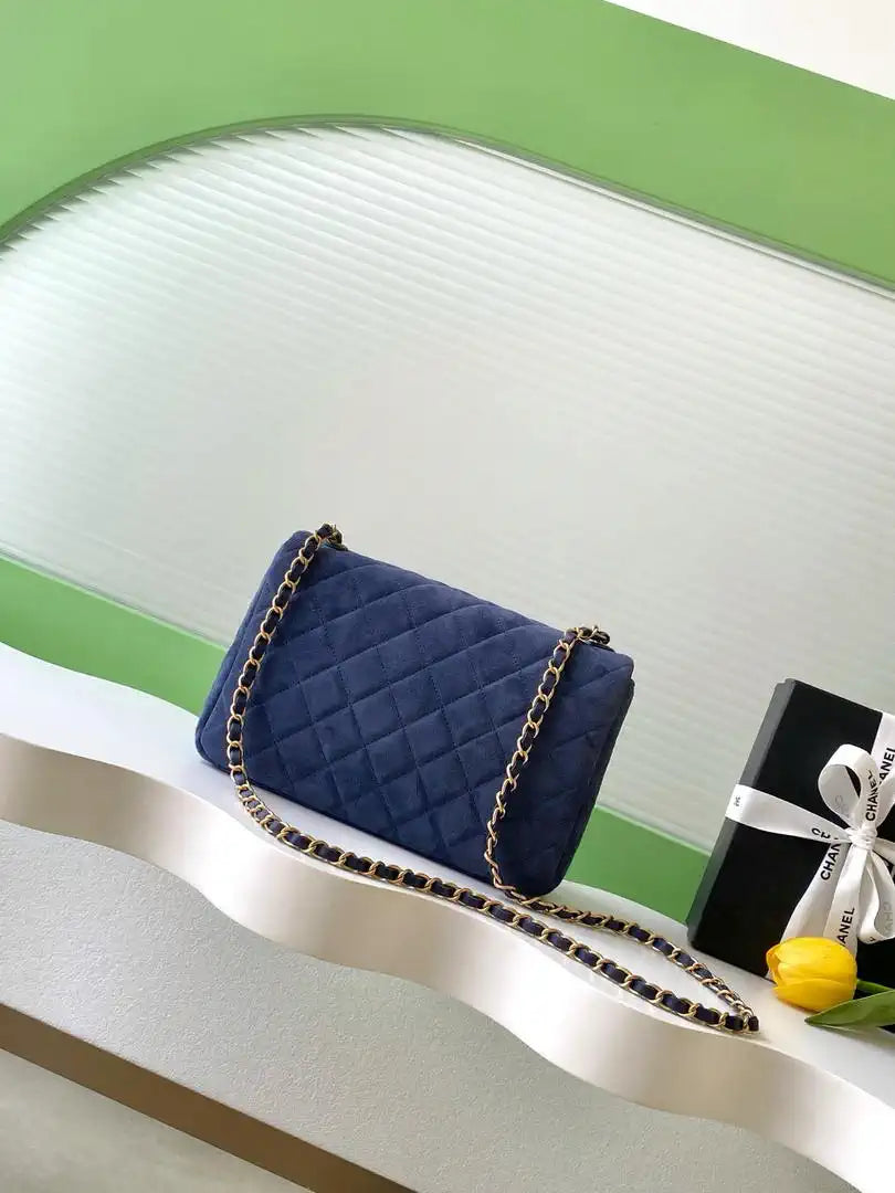Chanel AS5987 Flap 26cm Suede Calfskin Lambskin & Gold-Tone Metal Navy Blue