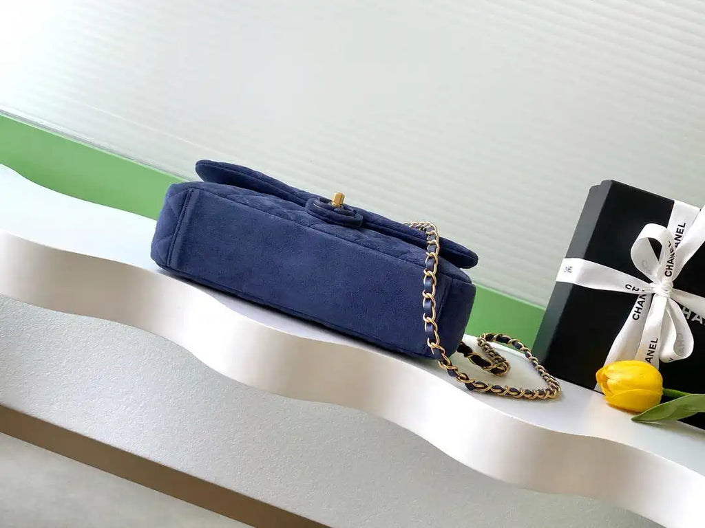 Chanel AS5987 Flap 26cm Suede Calfskin Lambskin & Gold-Tone Metal Navy Blue