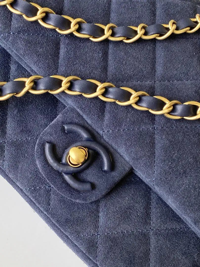 Chanel AS5987 Flap 26cm Suede Calfskin Lambskin & Gold-Tone Metal Navy Blue
