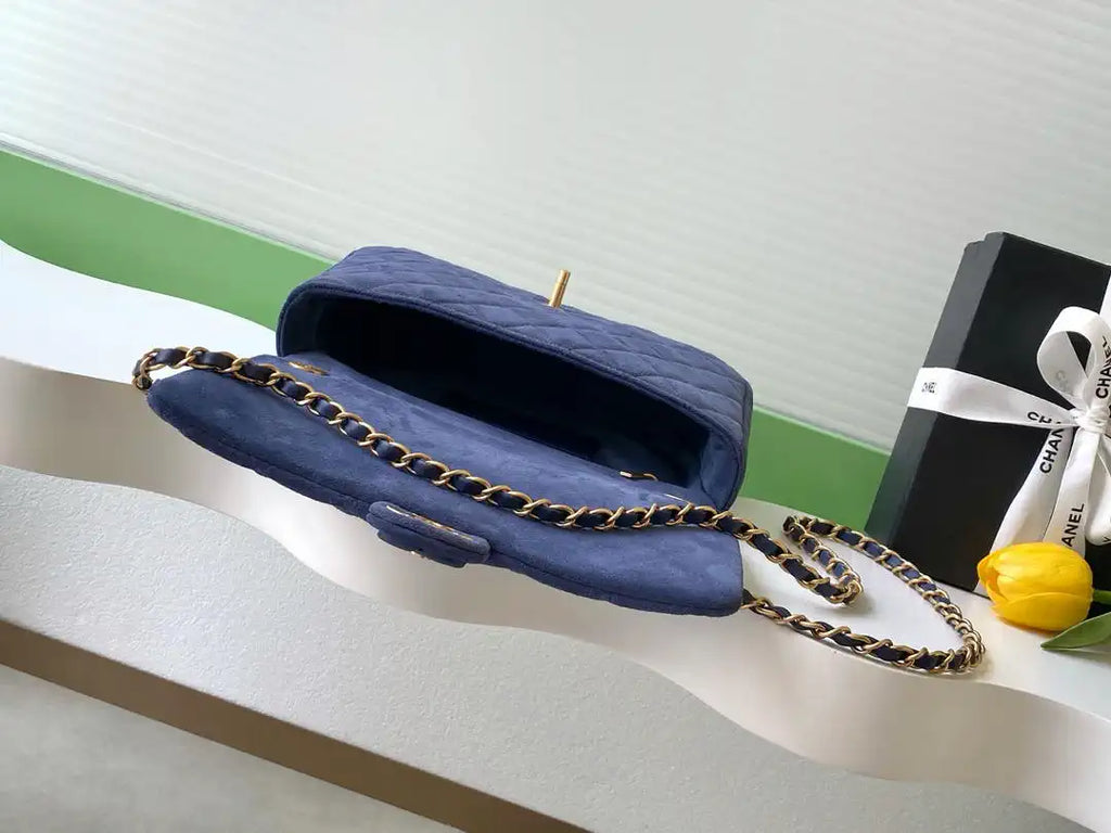 Chanel AS5987 Flap 26cm Suede Calfskin Lambskin & Gold-Tone Metal Navy Blue