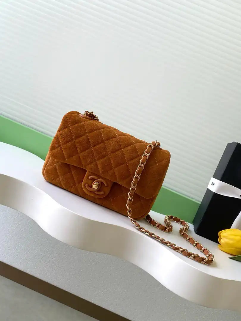 Chanel AS5989 Mini Flap  20cm Suede Calfskin Lambskin & Gold-Tone Metal Dark Beige
