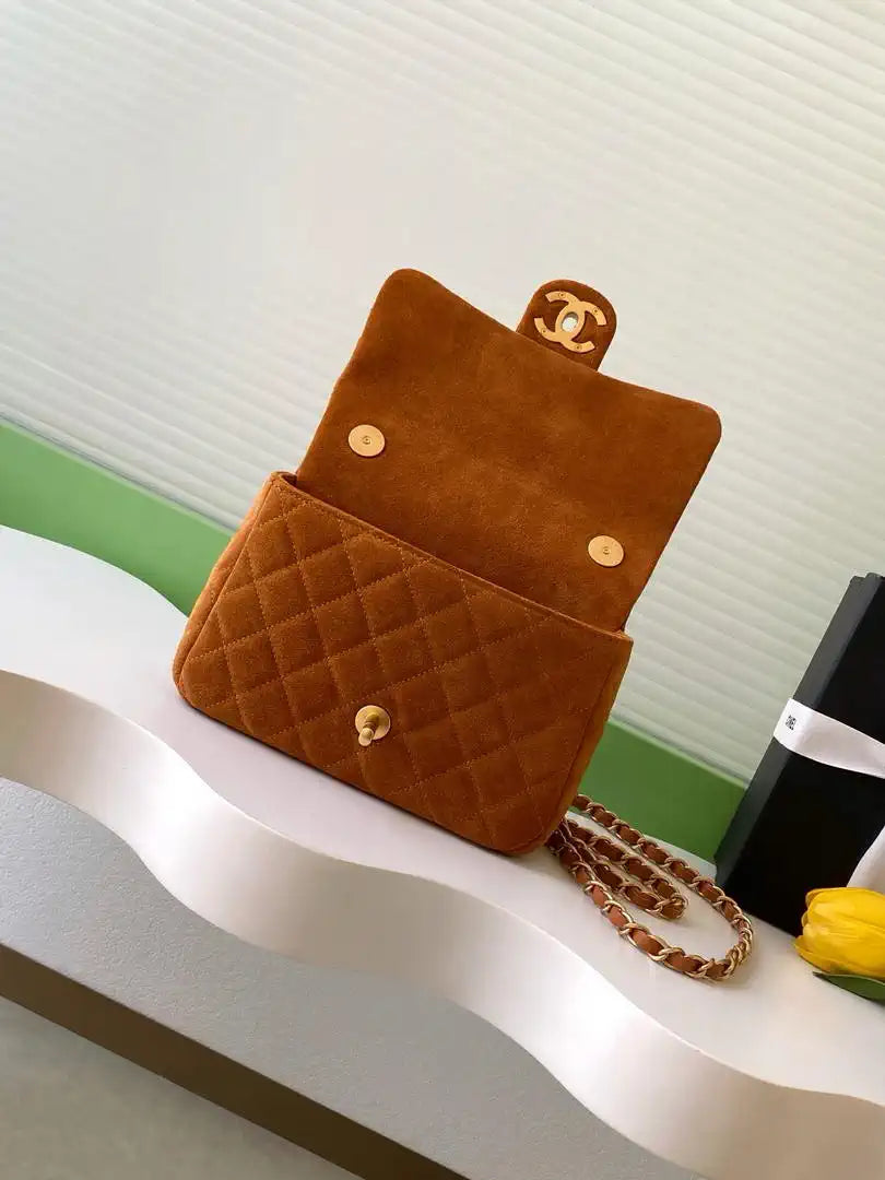 Chanel AS5989 Mini Flap  20cm Suede Calfskin Lambskin & Gold-Tone Metal Dark Beige