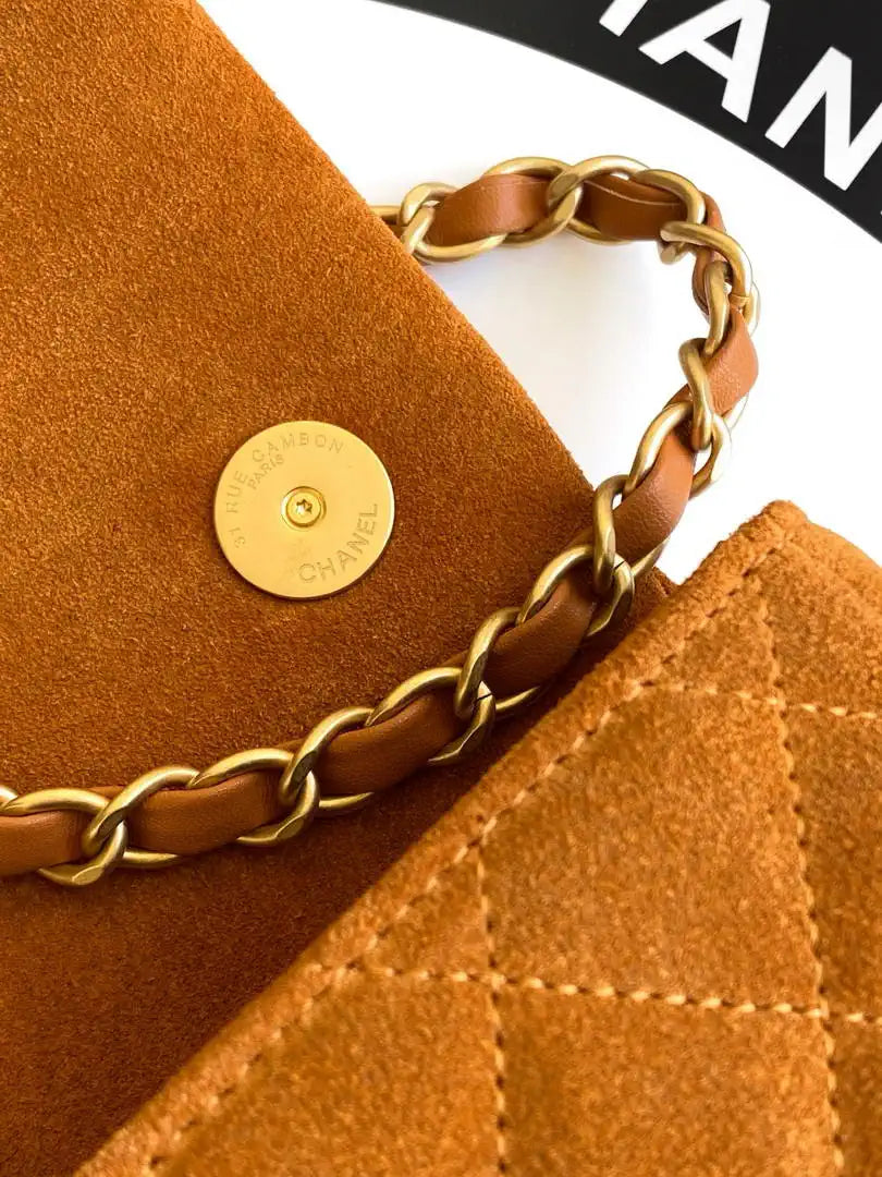 Chanel AS5989 Mini Flap  20cm Suede Calfskin Lambskin & Gold-Tone Metal Dark Beige