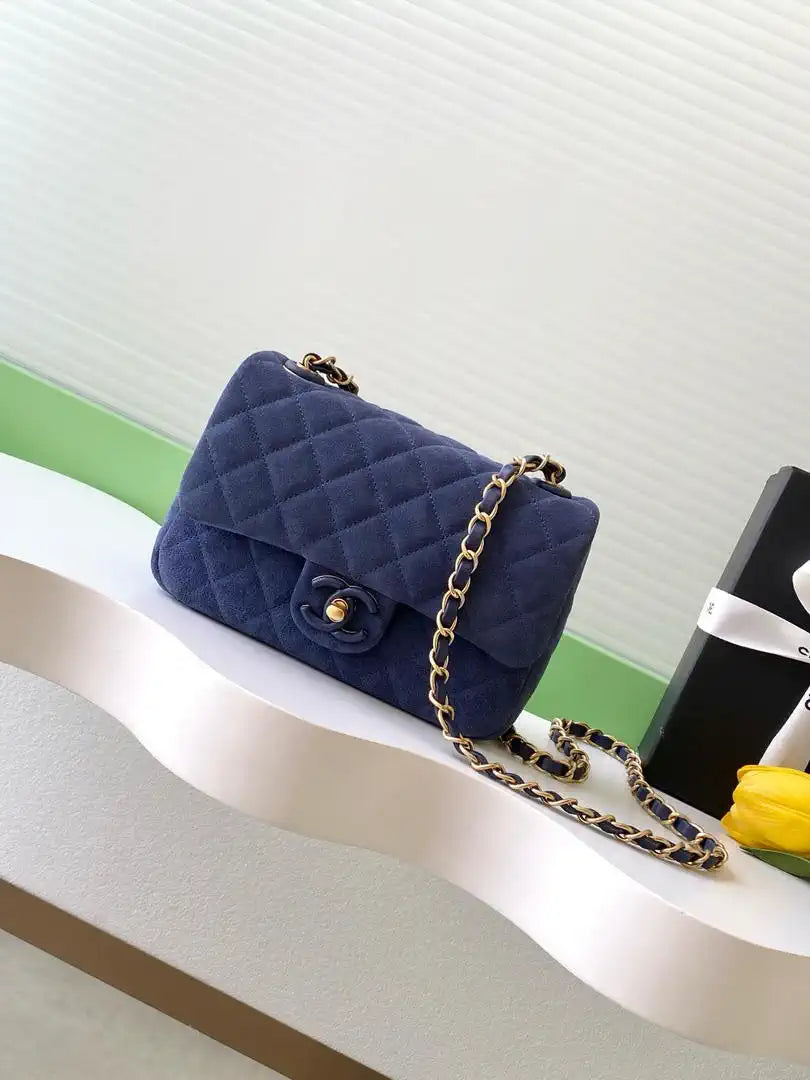 Chanel AS5989 Mini Flap  20cm Suede Calfskin Lambskin & Gold-Tone Metal Navy Blue