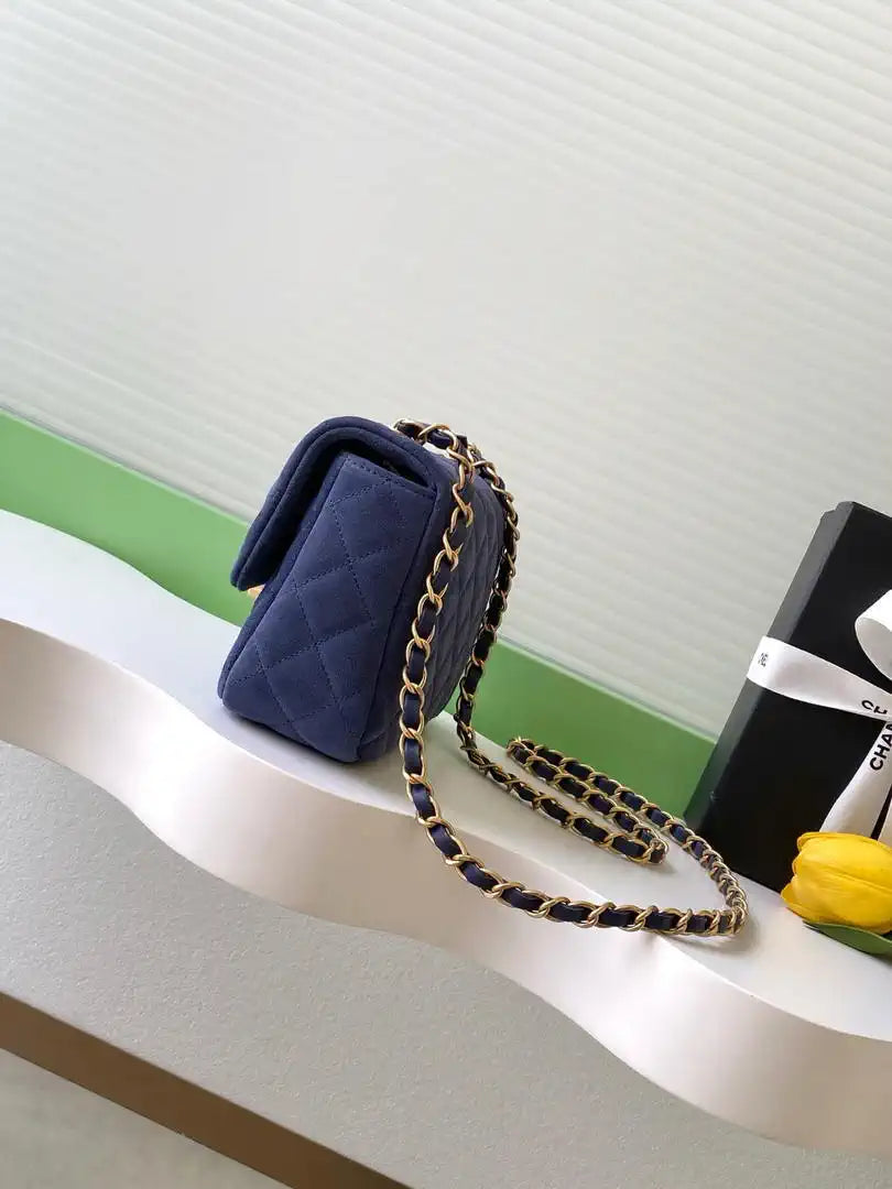 Chanel AS5989 Mini Flap  20cm Suede Calfskin Lambskin & Gold-Tone Metal Navy Blue