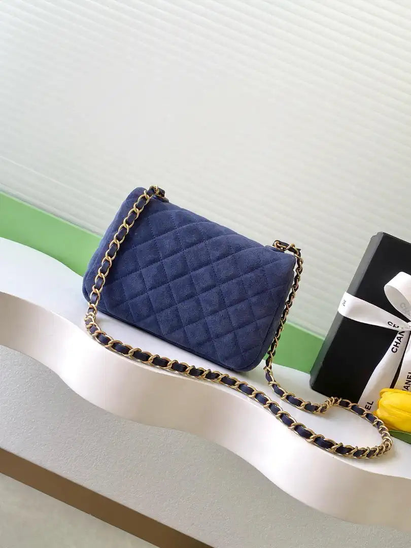 Chanel AS5989 Mini Flap  20cm Suede Calfskin Lambskin & Gold-Tone Metal Navy Blue