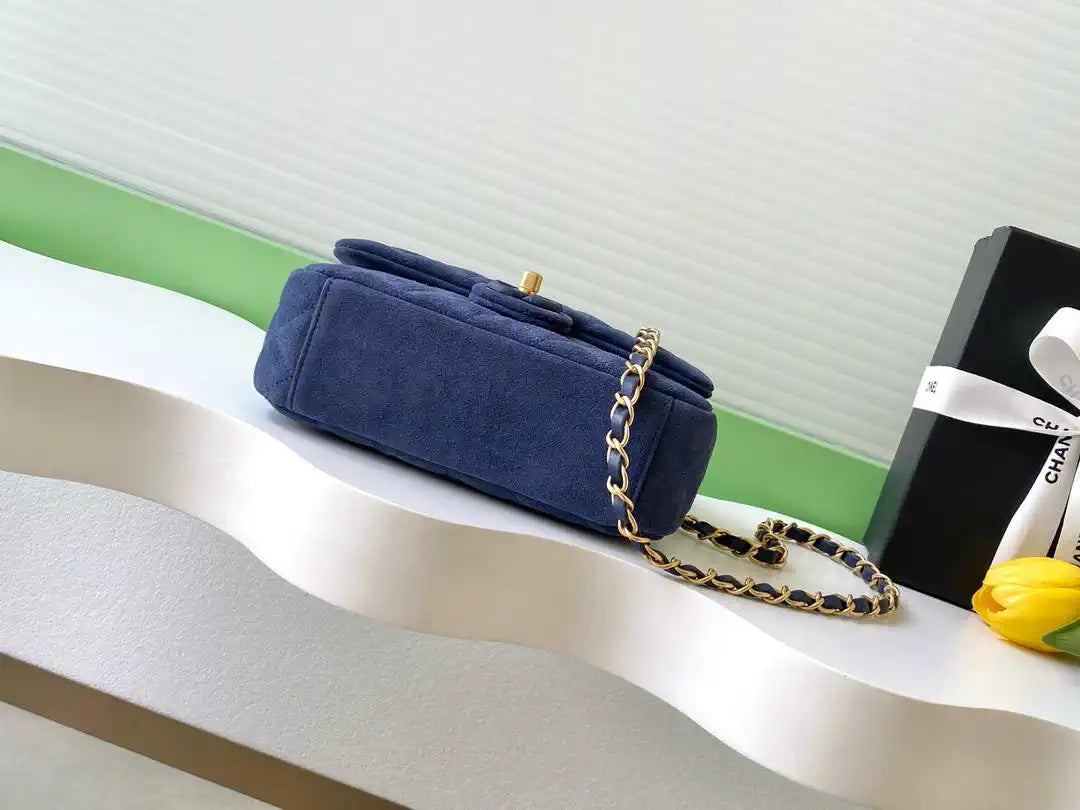 Chanel AS5989 Mini Flap  20cm Suede Calfskin Lambskin & Gold-Tone Metal Navy Blue