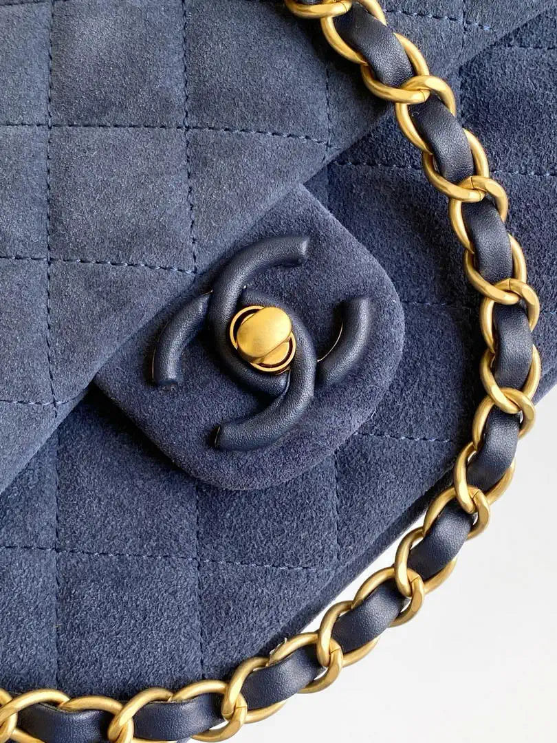 Chanel AS5989 Mini Flap  20cm Suede Calfskin Lambskin & Gold-Tone Metal Navy Blue