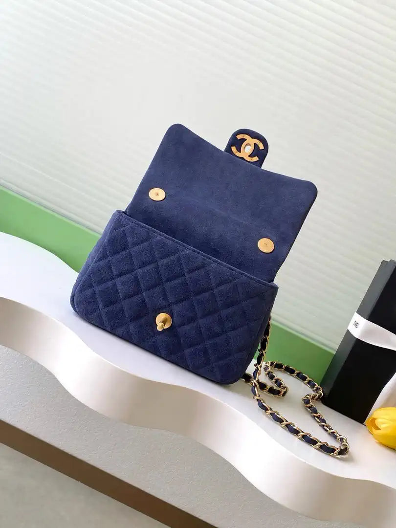 Chanel AS5989 Mini Flap  20cm Suede Calfskin Lambskin & Gold-Tone Metal Navy Blue