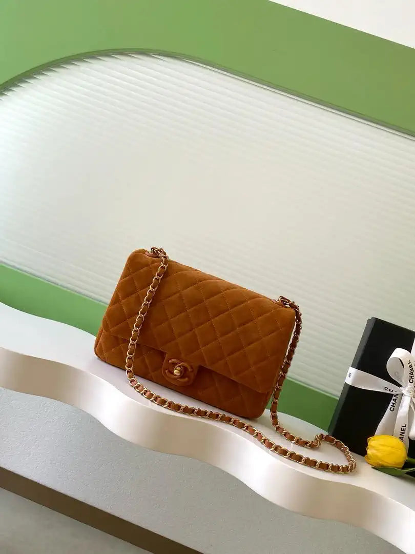 Chanel AS5991  Flap 24cm Suede Calfskin Lambskin & Gold-Tone Metal Dark Beige