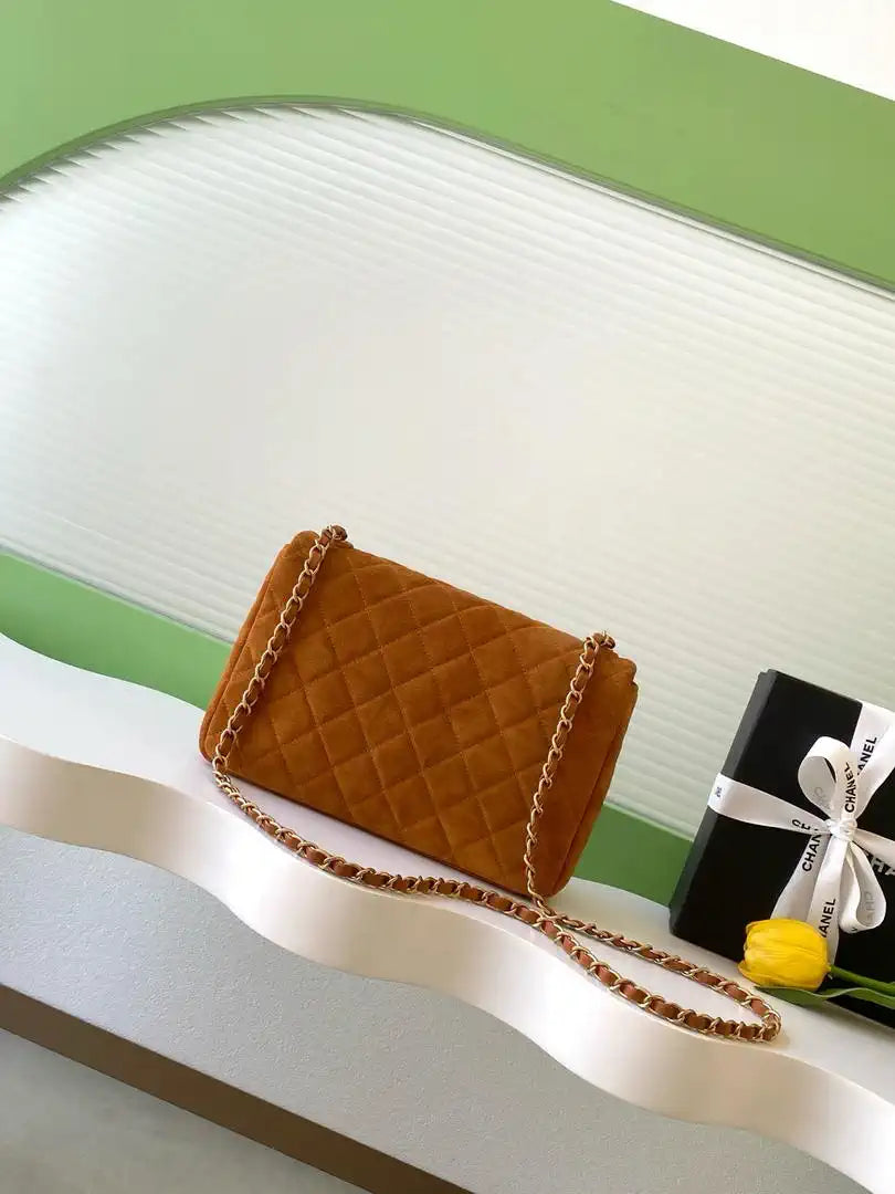 Chanel AS5991  Flap 24cm Suede Calfskin Lambskin & Gold-Tone Metal Dark Beige