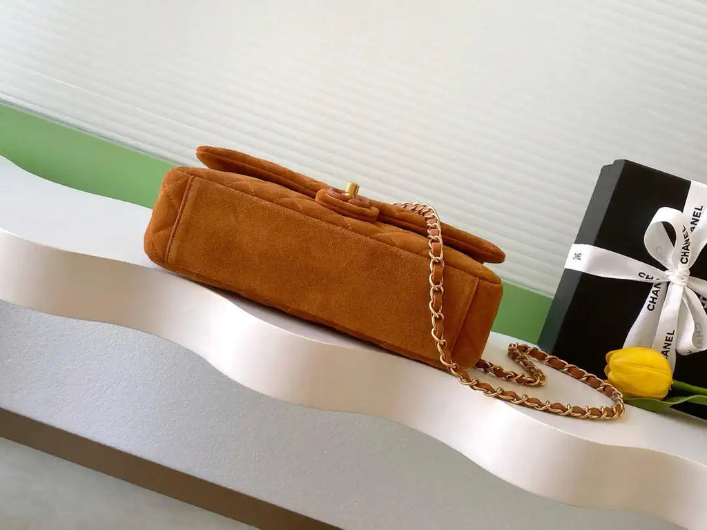 Chanel AS5991  Flap 24cm Suede Calfskin Lambskin & Gold-Tone Metal Dark Beige