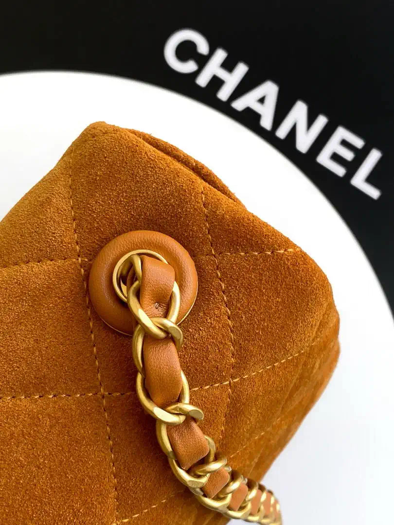 Chanel AS5991  Flap 24cm Suede Calfskin Lambskin & Gold-Tone Metal Dark Beige