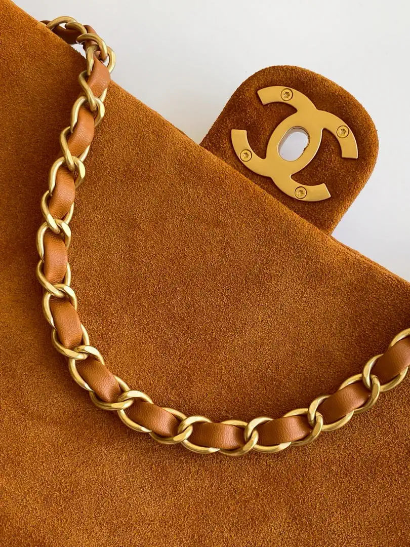 Chanel AS5991  Flap 24cm Suede Calfskin Lambskin & Gold-Tone Metal Dark Beige