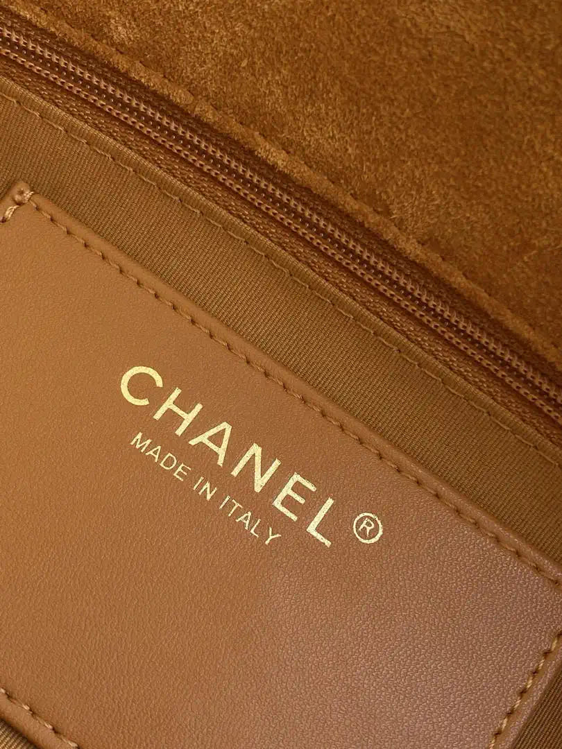 Chanel AS5991  Flap 24cm Suede Calfskin Lambskin & Gold-Tone Metal Dark Beige