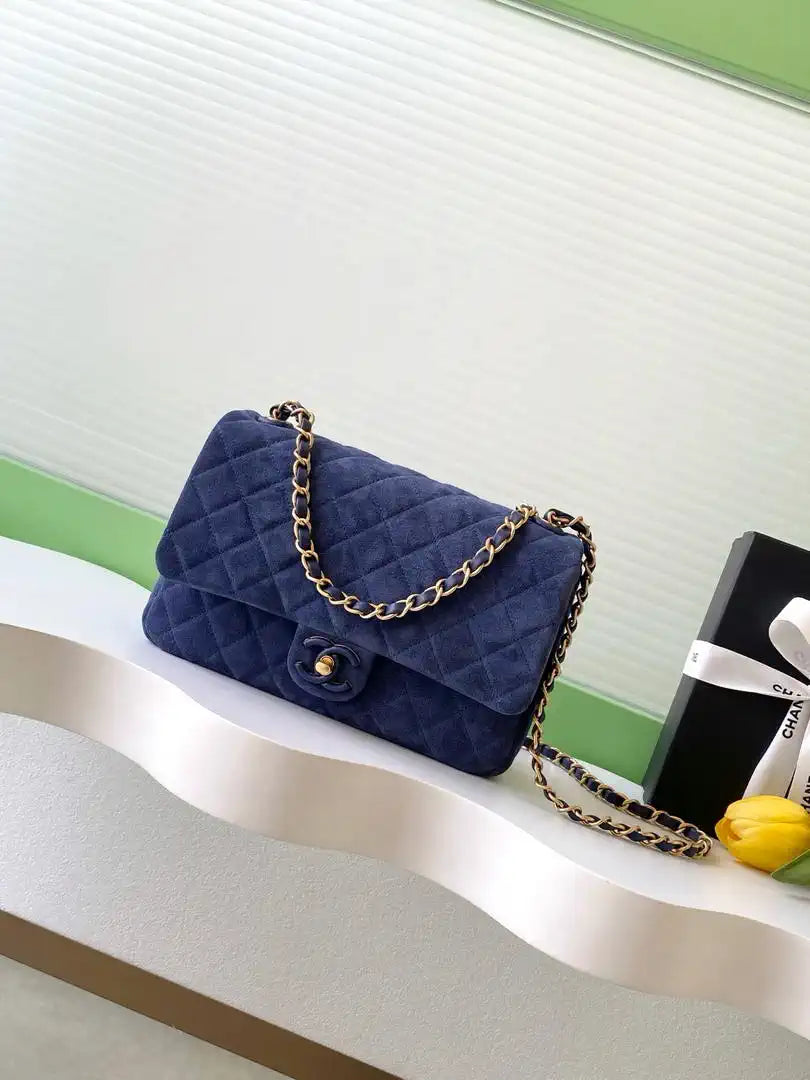 Chanel AS5991  Flap 24cm Suede Calfskin Lambskin & Gold-Tone Metal Navy Blue