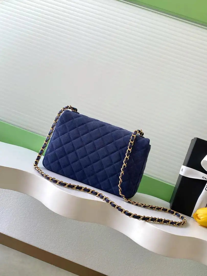 Chanel AS5991  Flap 24cm Suede Calfskin Lambskin & Gold-Tone Metal Navy Blue