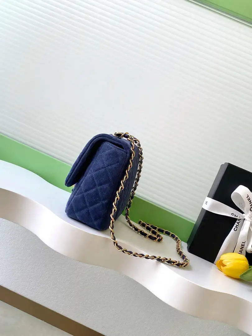 Chanel AS5991  Flap 24cm Suede Calfskin Lambskin & Gold-Tone Metal Navy Blue